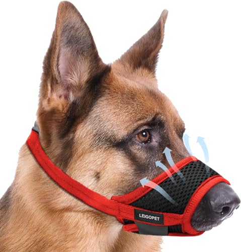 Dog Muzzle, Soft Nylon Muzzles for Small Medium Large Sized Dogs to Anti & Prevent Biting Barking Chewing, Pet Mouth Guard for German Shepherd with Adjustable Strap, Allows Panting Drinking (Red,L)