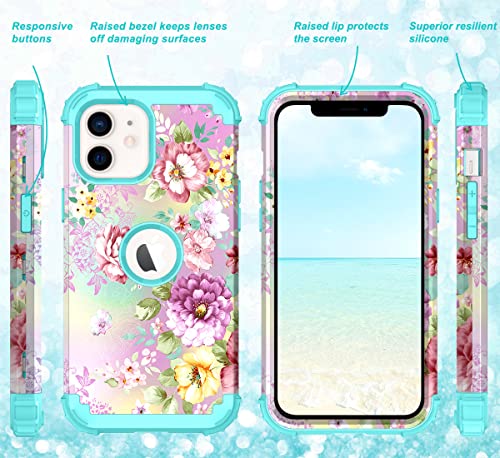 Image of Hocase for iPhone 13 Pro Max Case, Heavy Duty Shockproof Protection Soft Silicone Rubber Bumper+Hard Plastic Hybrid Protective Case for iPhone 13 Pro Max (6.7 inch) 2021 - Purple Florals /Teal
