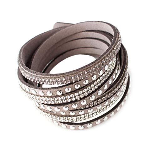 YAZILIND Bracelet en Cuir avec Strass et Perles Multicolores, Bracelet jonc, Bracelet Multicouche à Breloques Bijoux pour Femmes Gris