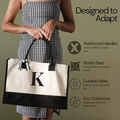 Image of Salt Earth Canvas Tote Bag for Women, Personalized Initial Monogram Tote, Beach Grocery Utility Tote for Travel & Work