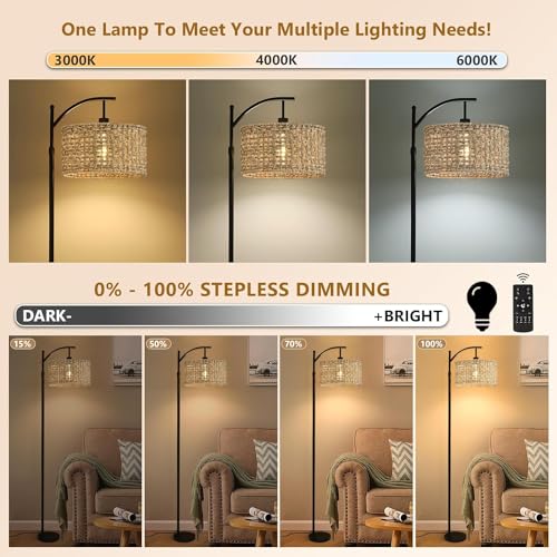 Image of Arc Floor Lamp for Living Room with Remote Control,Farmhouse Boho Floor Lamps with 3 Color Temperature,Rustic Standing Lamp with Rattan Wicker Shades,Adjustable Tall Lamp for Bedroom,Office,Reading