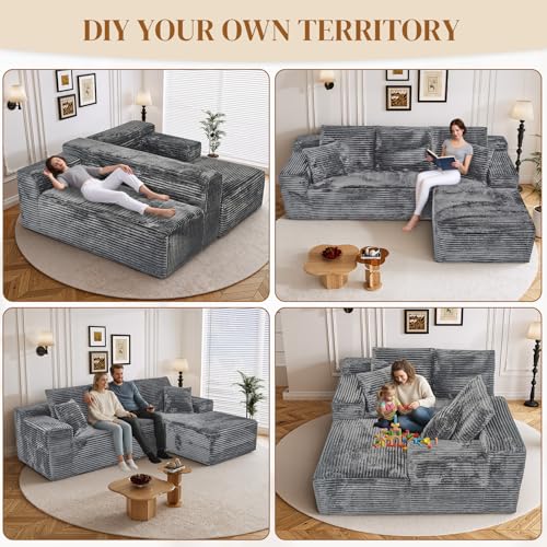 Image of 108 inch L Shaped Boneless Sectional Couches for Living Room, Comfy Corduroy Floor Cloud Sofa with Chaise, Wide Armrest, Deep Seat, Memory Foam, Assembly Free, Ideal for Small Spaces, Grey
