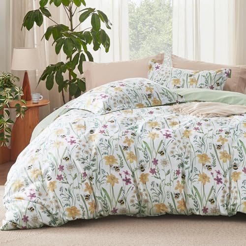 Image of Bedsure Duvet Cover King Size - Reversible Floral Patterned Duvet Cover Set with Zipper Closure, 3 Pieces Green Bedding Set with 8 Corner Ties and 2 Pillow Shams 20 inchx36 inch