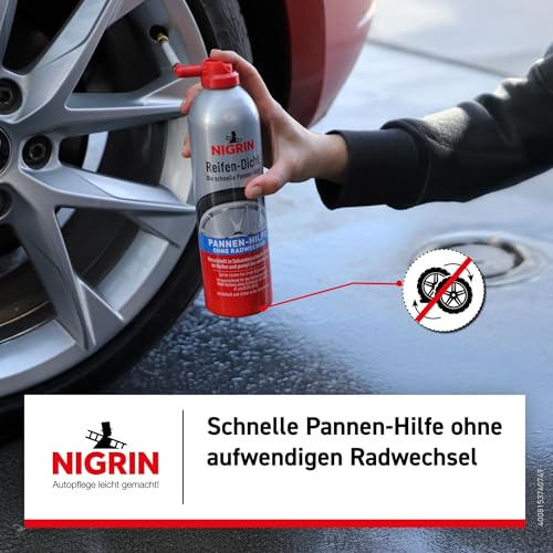 NIGRIN Reifendicht, 500 ml, sofortige Pannenhilfe, Reifendichtmittel repariert Löcher im Reifen im Handumdrehen ohne Montage, Rot,Weiß – Ansicht 3