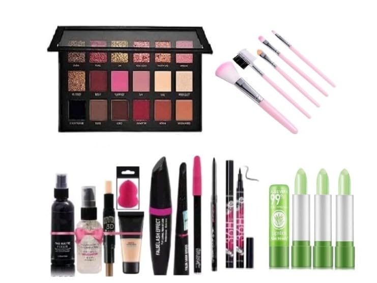 Just Tya | Women’s & Girl’s Rose Gold Remastered Edition 18 Color Eyeshadow Palette | Makeup Kit with 5 Pcs Pink Makeup Brushes | Pack of 3 Aloevera Lipstick | Fixer | Primer| Contour| Foundation |36H Kajal| 3in1 Combo| Beauty Blender (Pack of 19)