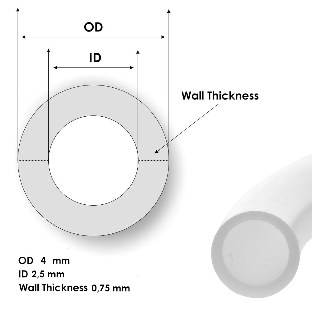 Tubo de teflón PTFE (tubo de PTFE de 2,5 mm x 4 mm) 25 metros - Tubo de PTFE de gránulo puro PTFE - Adecuado para -70 °C a 260 °C - Resistente a productos químicos - Coeficiente de fricción muy bajo