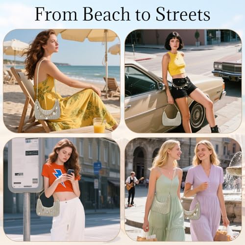 Image of Beach Purse Straw Shoulder Bag for Women, Summer Purse with Shell Pearl Bag Charms & 2Pcs Detachable Strap Chain