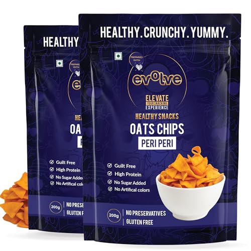 Image of Evolve Oats Chips Healthy Snacks for Kids, Adults | Gluten Free, Vacuum Fried, High in Protein, Low Calorie, Weight Loss Friendly, Peri Peri Flavor - 100g Pack of 2