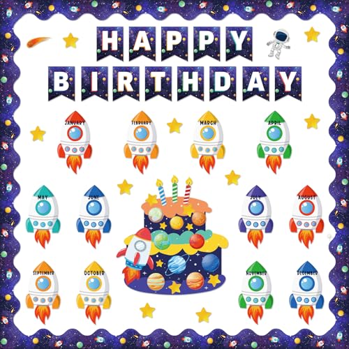 Dispowreath Space Birthday Bulletin Board Decorations Set Birthday Charts for Classroom with Galaxy Solar System Bulletin Board Borders Laminated Rocket Cutouts for Preschool Kindergarten Elementary