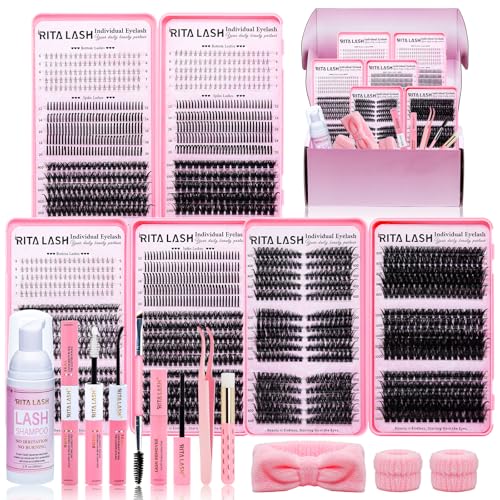 Lash Clusters Kit DIY Lash Extension Kit 3 Boxes Cluster Lashes 1930Pcs Cluster Eyelash Extensions Wispy Eyelash Clusters with Lash Bond&Seal Gift Packs for Beginners Bulk Pack(12 Counts Lash Kit-1)