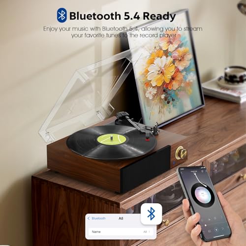 Fydee Record Player, Vinyl Player With Speakers, Bluetooth Support, 33/45/78 Rpm Speed Switching And Rca Line Output, Red Walnut - 3