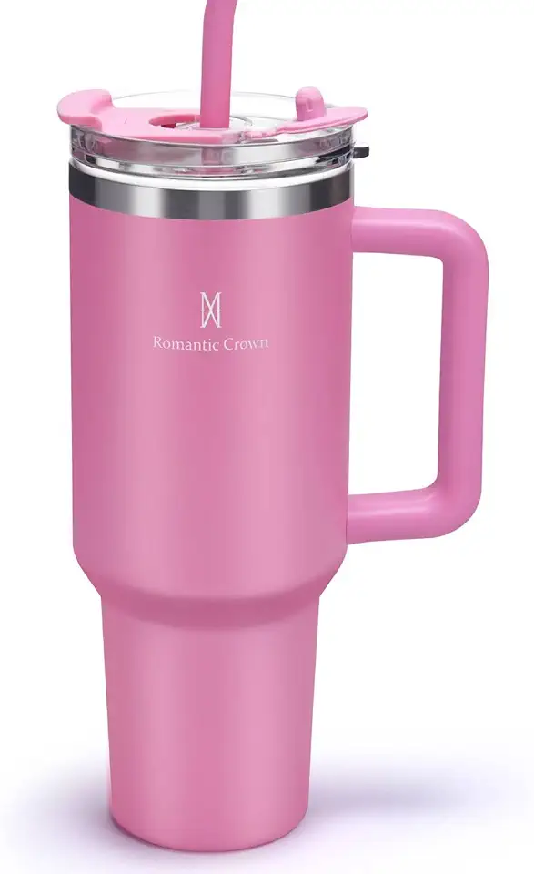 Romantic Crown Copo Térmico com Canudo Tampa e Alça 1,18L, Cops Garrafas Termico para viagem vácuo dupla camada aço inoxidável, Caneca Termica Cafe Água Chá,Presente, Fitness (Rosa escuro)