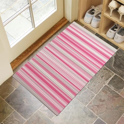 Tapis de porte 90x150cm à rayures dégradées rose et blanc - 4