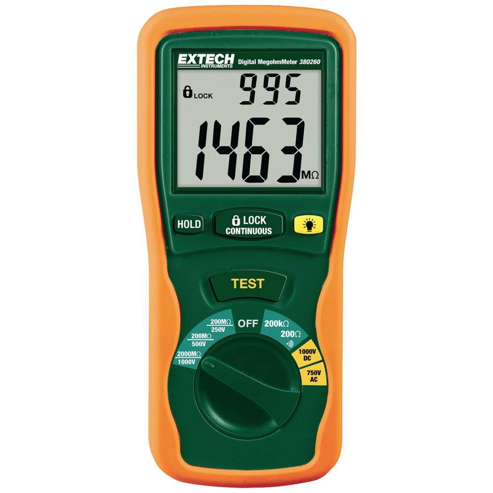Extech 380260 Tester Isolamento Digitale Auto, 250/500/1000V | Megaohmetro, isolamento fino a 2000 MOhm, continuità, tensione CA/CC, hold dati, cavi, valigetta