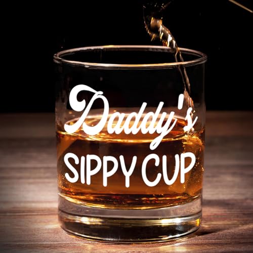 DOPTIKA Fathers Day Birthday Gifts For Dad, Husband Gift From Wife, 11 Oz Old Fashioned Glass For Men, Funny Gag Gifts For Men, Daddy's Sippy Cup Whiskey Glass, New Dad Gift