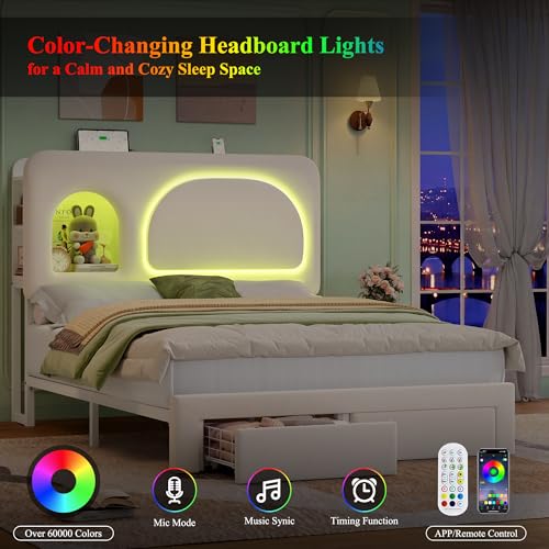 Image of Keyluv Full Size LED Bed Frame with Storage Bookcase Headboard, Charging Station, Velvet Upholstered Platform Bed with 2 Drawers & USB Ports, Sturdy Metal Support, No Box Spring Required, Beige