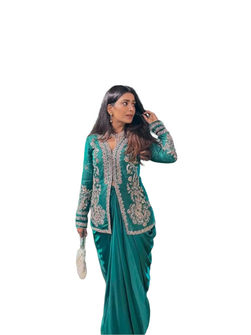 Women Crepe Satin Dhoti Lehenga Set with Blouse and Jacket Embroidery Work Ethnic Wear-image-35