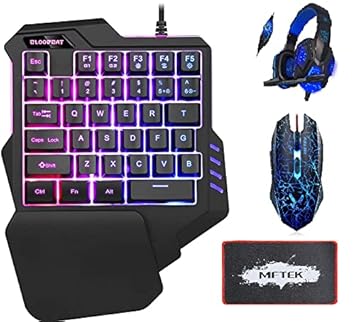 MFTEK Bloodbat One Handed Gaming Keyboard RGB Backlit 35 Keys 7 Button Gaming Mouse Headphone MIC Mouse Pad Portable Mini Gaming Keypad Ergonomic Game Controller Combo for PC PS4 Xbox Gamer