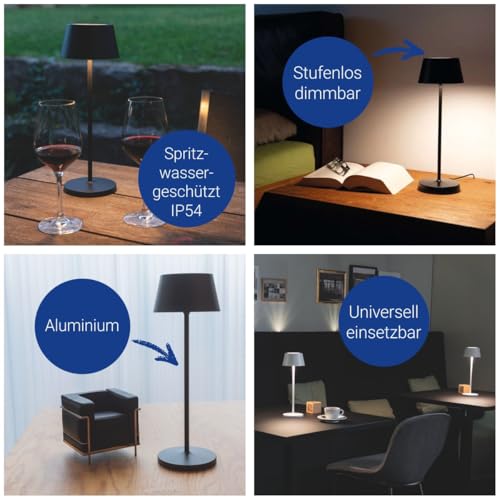 MAUL Akku Tischleuchte MAULnina | Tischlampe kabellos mit langlebigem Akku | Tischlampe aufladbar bis zu 10h Beleuchtung | Lampe dimmbar für Schreibtisch, Nachttisch & Outdoor | Schwarz