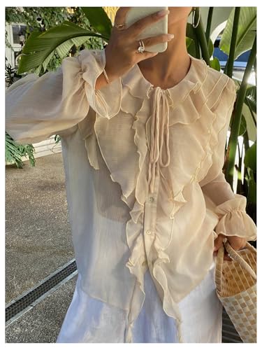 GORGLITTER Women's Chiffon Blouses Dressy Peasant Tops Boho Sheer Ruffle Bishop Long Sleeve Button Down Shirt3