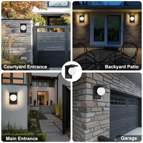 Image of Black Exterior Light Fixture, Dusk to Dawn LED Outdoor Wall Light, 12W Integrated LED Modern Farmhouse Sconce with Frosted Glass Globe Shade, Waterproof Porch Light for Front Door, Garage, Patio