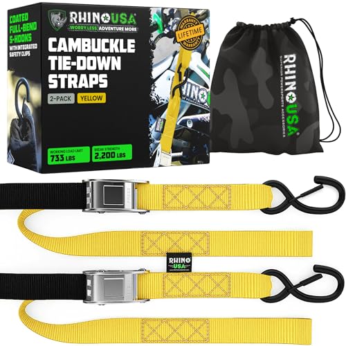Image of Rhino USA Motorcycle Tie Down Straps (2 Pack) Lab Inspected 2,200lb Break Strength, Steel Cambuckle Tiedown Set with Integrated Soft Loops - Better Than a Ratchet Strap (YLW 2-Pack)