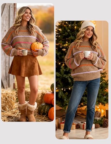 Image of QIBABU Womens Striped Sweaters Casual Lantern Sleeve Color Block Knit Pullover Sweater Tops