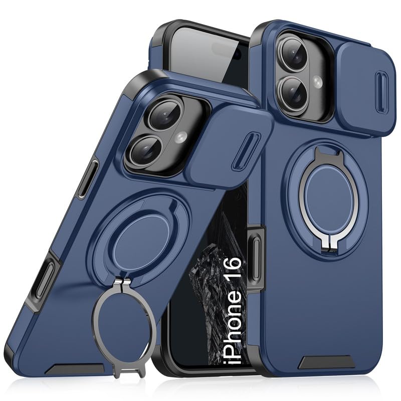 Image of LuxuryKase Shockproof Rugged Case for iPhone 16 | Slide Camera Cover | 360 Rotating Ring Kickstand | Military-Grade Protection - Navy Blue