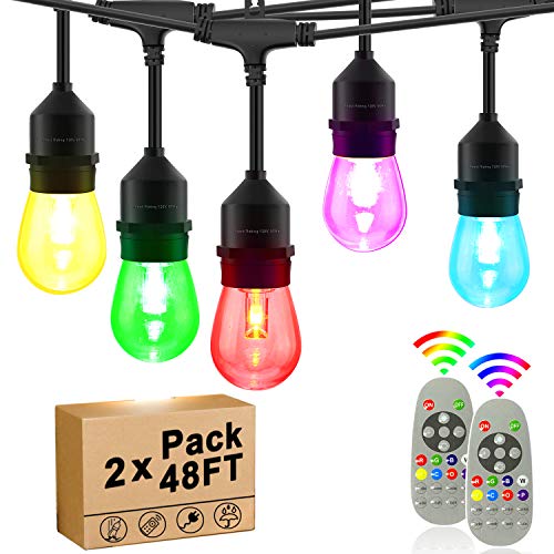 Outdoor String Lights RGB Color Change 48ft x 2-Pack, 30 Dimmable E26 Bulbs Shatterproof, ETL Listed Commercial Grade Connectable Weatherproof for Patio Backyard Wedding Party, EMANER