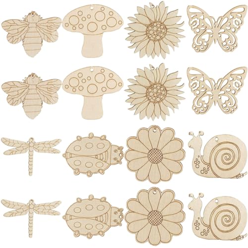 NULYLU 80 Piezas de Astillas de Madera para Manualidades Diy, Formas de Insectos y Flores, Tamaño Mediano, Material Madera Natural, Decoración Casera para Proyectos Artesanales