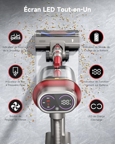 55KPA/650W Aspirateur Balai sans Fil, 75 Minutes Autonomie Aspirateur sans Fil Puissant avec Recharge Murale Écran Intelligent, aspirateur balai puissant pour Les Poils d'animaux/Tapis/Sols Durs – Image 6