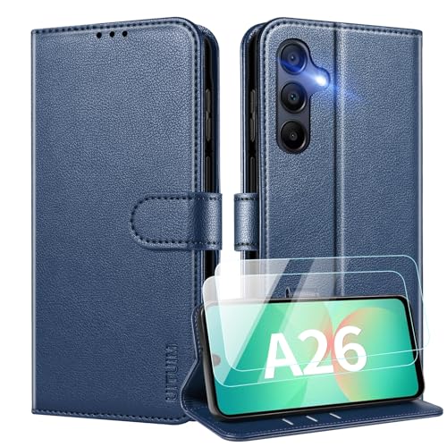 UITUIM Coque pour Samsung Galaxy A26 5G Coque Etui Portefeuille Cuir avec 2 Verre Trempé Protection Écran Porte Carte Rabat Clapet Flip Case Étui Cover...