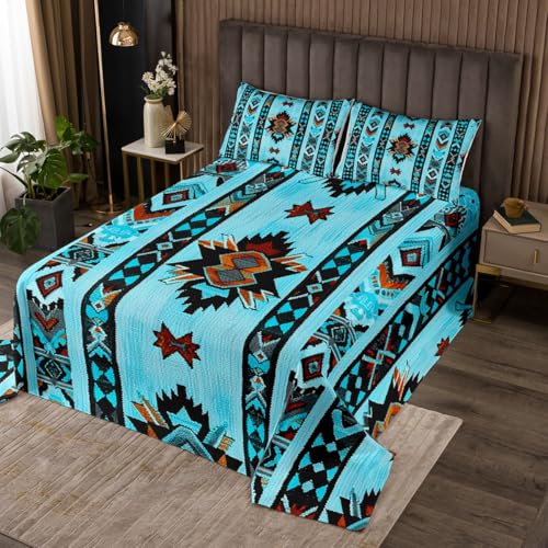 Loussiesd Blau Südwesten Tagesdecke 220x240cm Geometrisch Wohndecke Dekor Tribal Exotic Style Native American Indian Design Bettüberwurf Streifen Linie Wohndecke