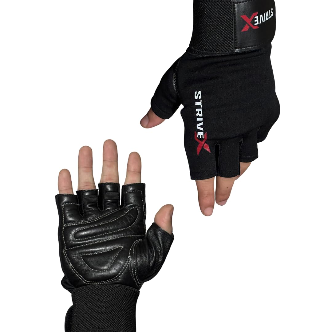 Workout Gloves Leather Full Wrist for Men, Black, Fingerless Gym Training Gloves with Wrist Support (XL)-image-45