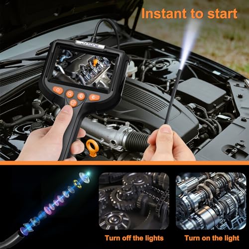 Image of Borescope with Light, 4.3-Inch HD Display, 5.5mm Lens, 6.6 ft, Black | IP67 waterproof protection, six dimmable LEDs, over 4-hour rechargeable battery, hook, magnet, and side-mirror accessories