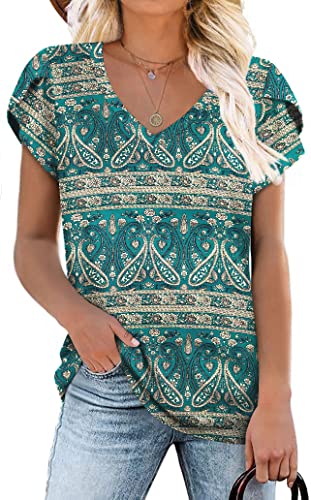 Cathy Summer Womans Tunics Petal Sleeve V-Neck Tee Shirts Casual Comfy Blouse Lightweight Soft Cute Tops Blue-Khaki Large #TOP12