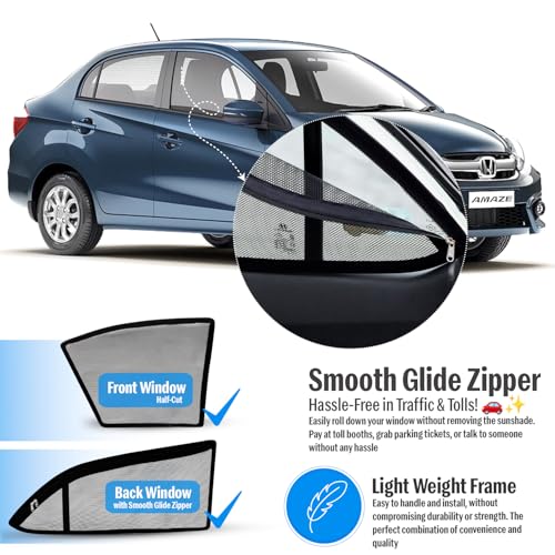 Image of Autofact Magnetic Car Sunshades Compatible with Honda Amaze Old (2011 to 2017) (Set of 4) - Easy Installation, UV Protection (Front 2 Half-Cut for Side Mirror Visibility, Rear 2 with Zippers)