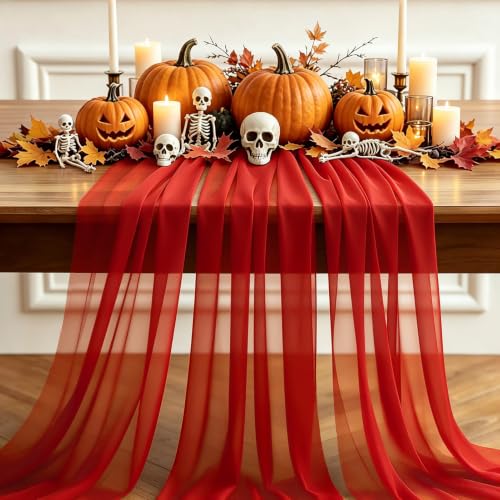 3 Piezas Camino de Mesa en Gasa Rojo, 300 x 30 cm Camino de Mesa Boho