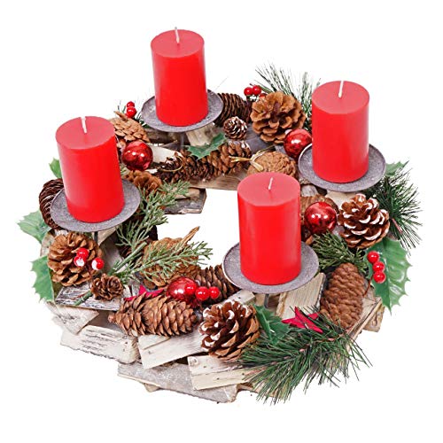 Adventskranz HWC-H49AM, Weihnachtsdeko Adventsgesteck Weihnachtsgesteck, Holz rund Ø 33cm - inkl. 4X Kerzen rot