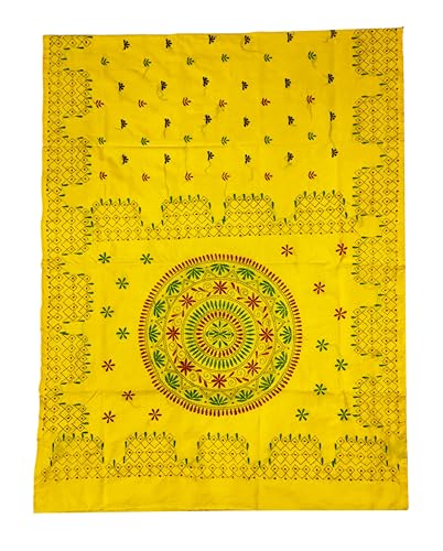 Image of SHRISTI CLOTHINGS Women's Hand Embroidered Cotton Silk Kantha Stitch Saree with Blouse Piece (SB4200924 YELLOWD96)