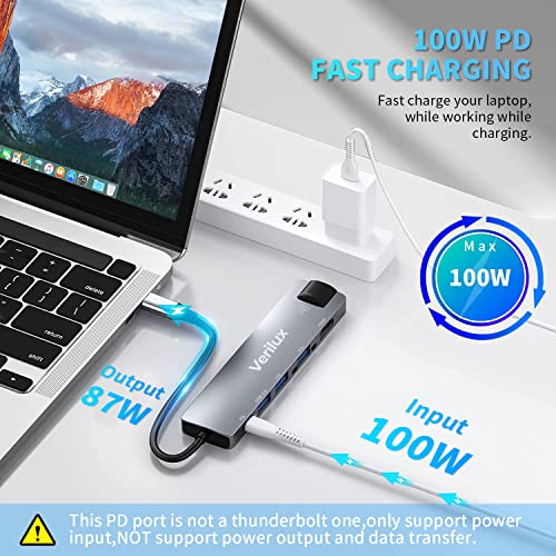 Image of Verilux USB C Hub with Ethernet 6 in 1 USB Type C Hub with 4K HDMI Converter, Multi USB Port for Laptop with USB Hub 3.0 and 2.0 PD 87W Charging Port for MacBook Air M1 Pro, Type-C Device and Switch