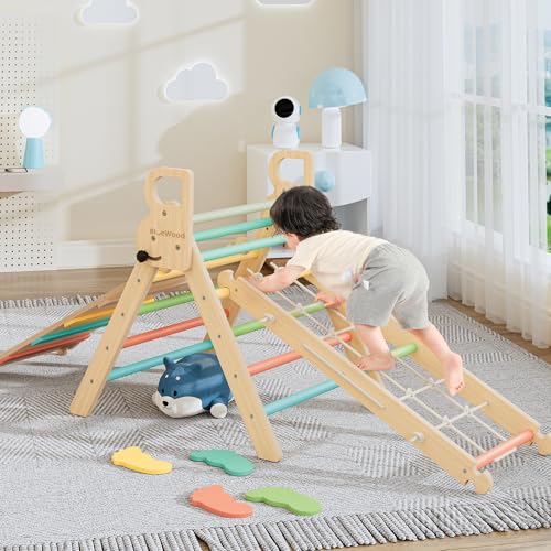 Image of BlueWood 10-in-1 Pikler Triangle Set, Toddler Climbing Toys Indoor, Montessori Climber, Baby Jungle Gyms with Arch, Extra Rope Ladder & Footprint Balance Beam - Rose Garden