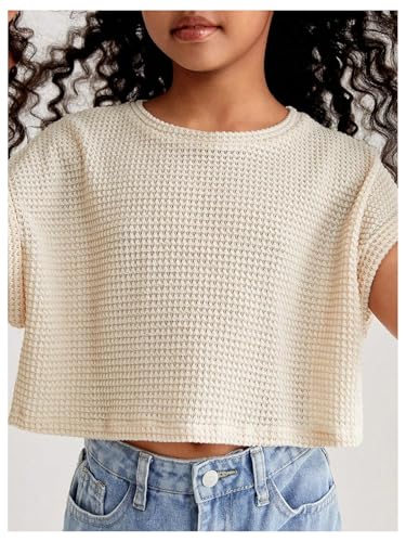 Image of SweatyRocks Girl's Waffle Knit T Shirts Short Sleeve Crew Neck Loose Fit Solid Casual Crop Tops Beige 10Y