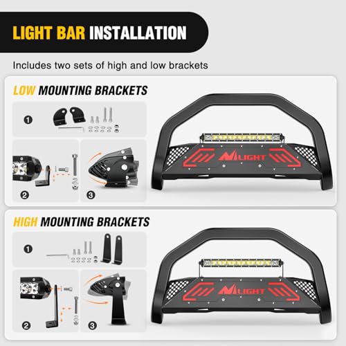 Image of Nilight Bull Bar with Light fits 2003-2008 Honda Pilot, 2006-2015 Honda Ridgeline, 2001-2006 Acura MDX Front Bumper Grille Brush Push Guard with Skid Plate Licence Plate Hole Black