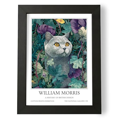 Image of Fans Favourites William Morris - Cat Prints Vintage Art Noevua British Prints, Botanical Wall Art, A History of British Design Collection (Lilac British Short Hair, A4, Unframed)