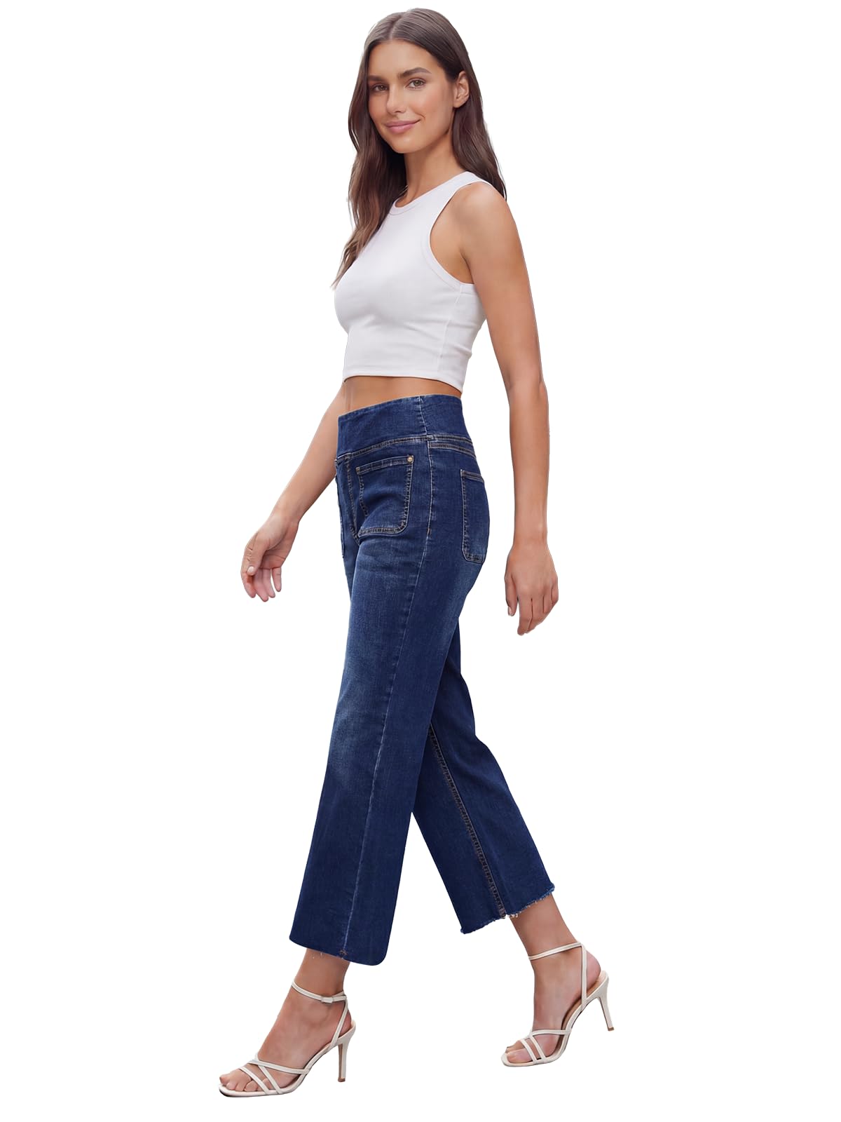 Vaqueros Mujer, Crop Pantalones Jeans Mujer Elásticos Acampanado y Cintura Alta Tejanos Holgados de Pierna Ancha