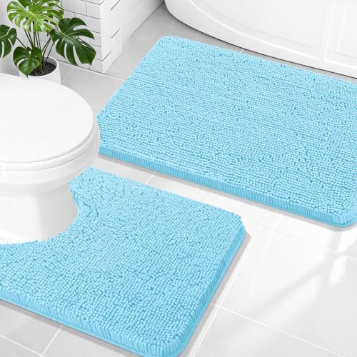 Image of OLANLY Bathroom Rugs Sets 2 Piece, Soft Absorbent Chenille Bath Mats and U-Shaped Contour Toilet Mat Area Rug Set, Machine Washable Bath Carpet, Home Decor Accessories(30 inchx20 inch+24 inchx20 inch, Sky Blue)