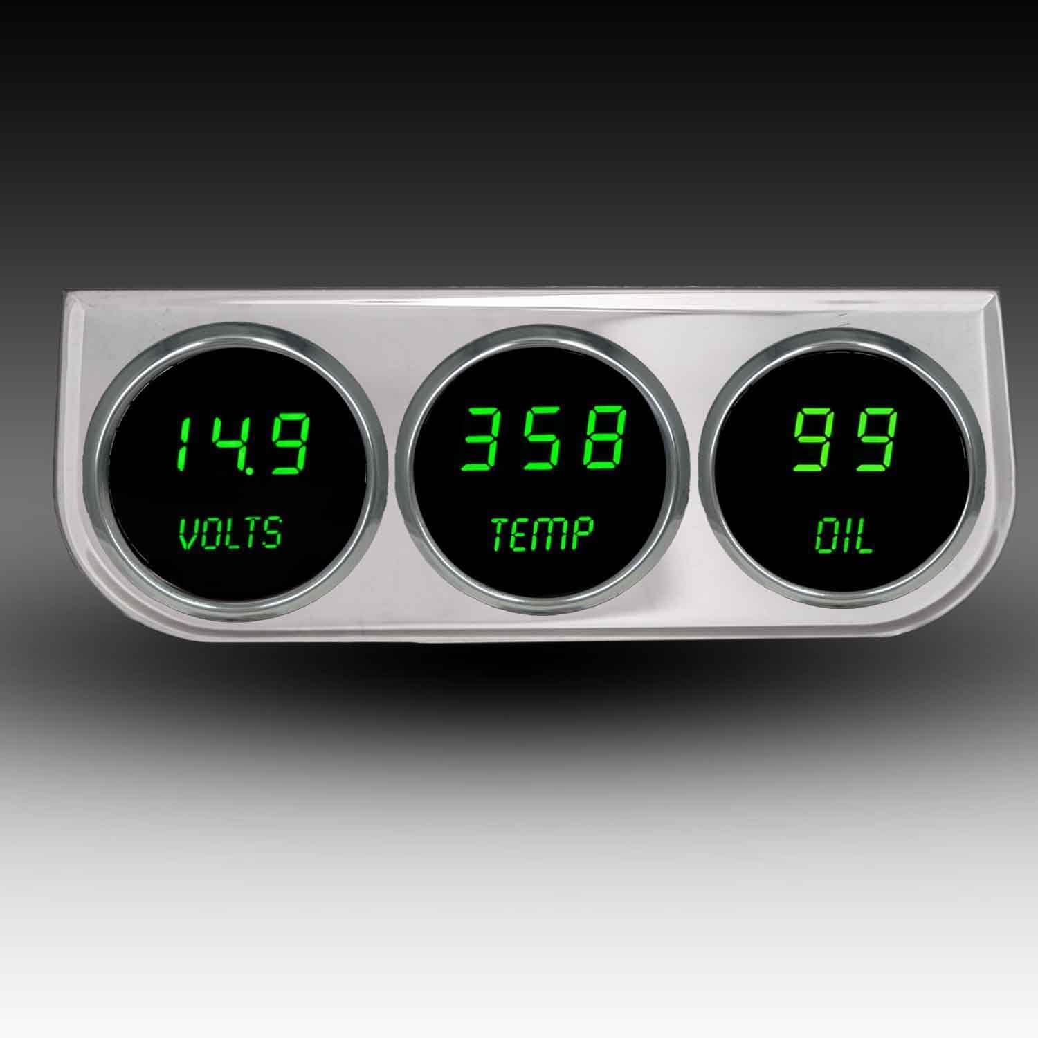Intellitronix 3 Gauge LED Digital Panel Set - 2-1/16" (52mm) | Red LED Display | Chrome Bezels | Oil Pressure, Water Temp, Volts | Senders Included | Universal Fit for Cars & Trucks Green MS9333G