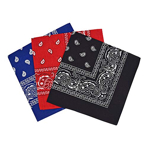 By Neki Paisley Bandanas Headband Scarf Pack Of 3 Mixed Colours Cotton Paisley Print, Fashion Hair Accessory, Sports, Multifunctional, UK Seller FREE UK Postage (Royal Blue, Red, Black)