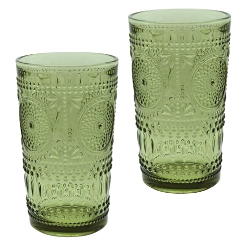 Image of Elvida Interiors Embossed Glass Hi-Ball Tumbler, 320 ml, Green, Set of 2